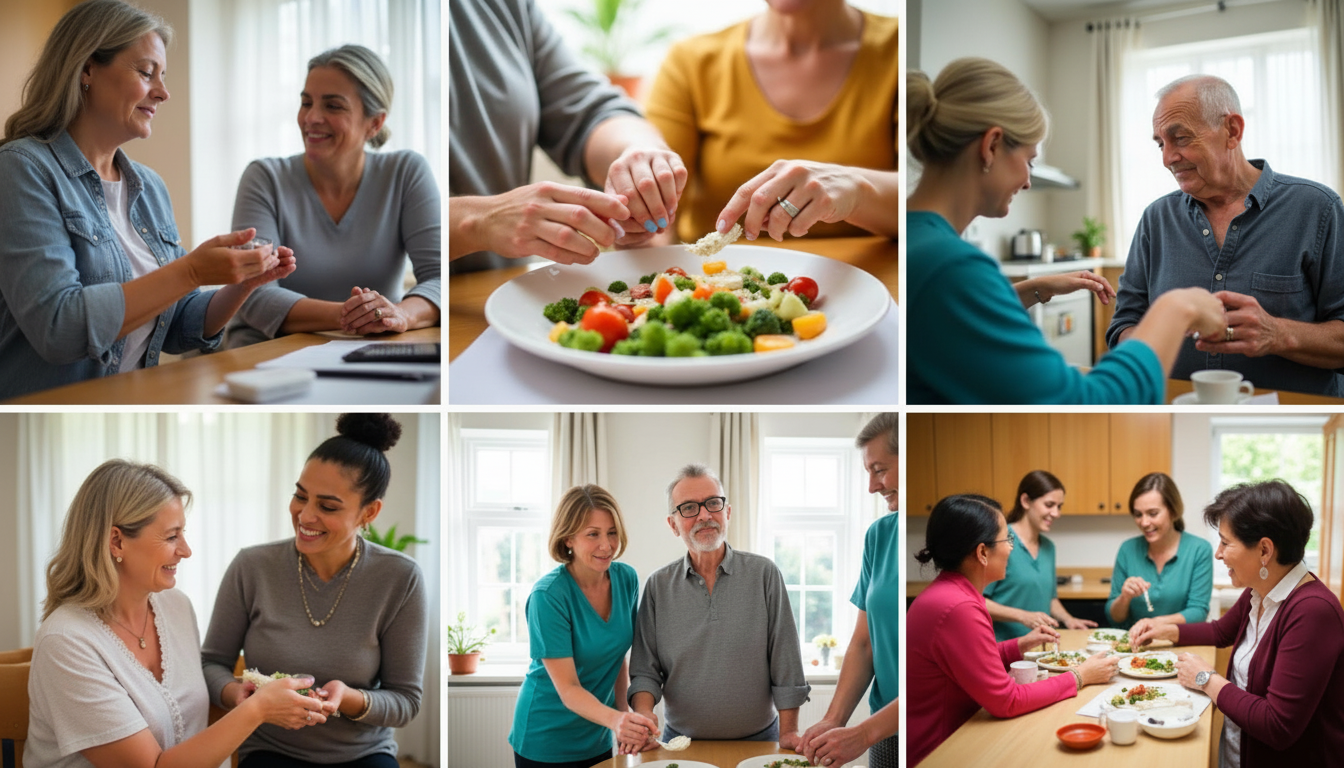 Various aspects of mental health support including medication, meals, activities, and household tasks